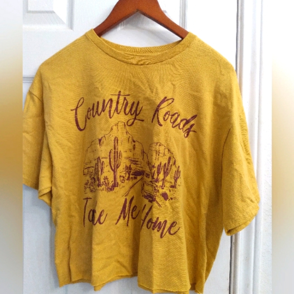 Vintage Country Roads Desert Graphic T-Shirt Western Mustard Yellow Crop Top